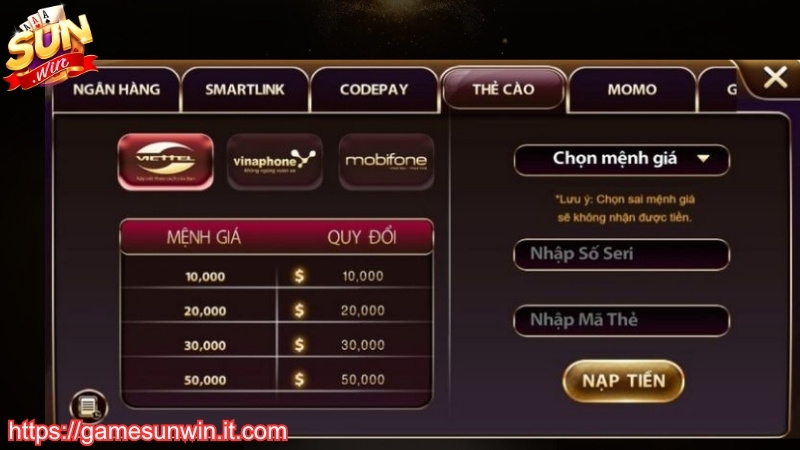 Hướng dẫn các bước nạp tiền Sunwin